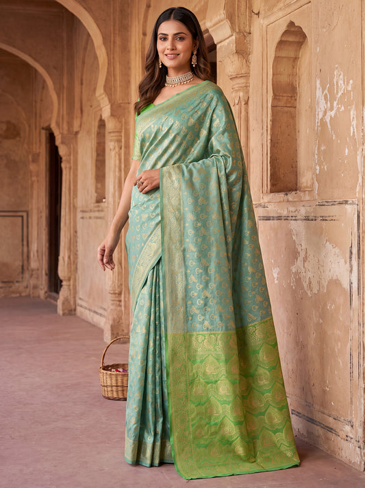 Mint Green Silver-Gold Zari Jaal Litchi Silk Saree