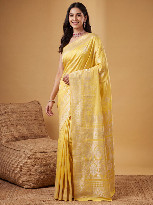 Lemon Yellow Silver Zari Jaal Litchi Silk Saree