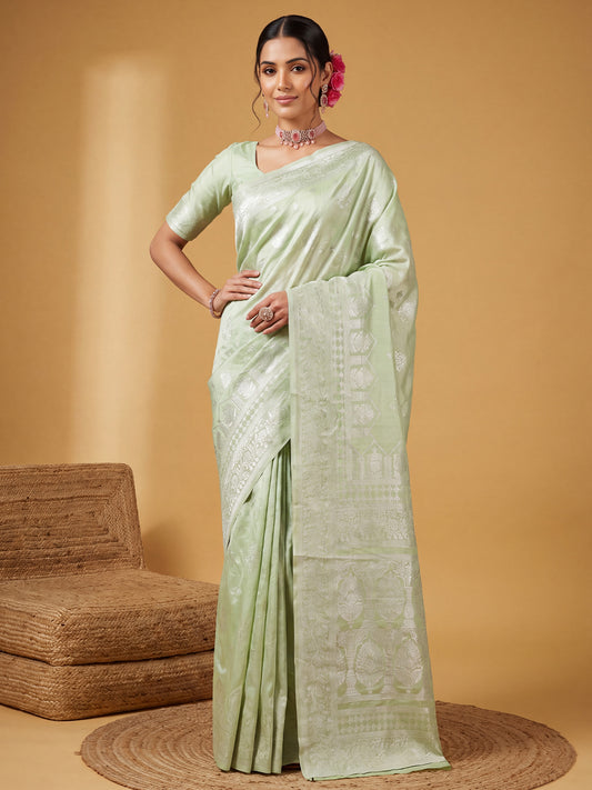 Sage Green Silver Zari Jaal Litchi Silk Saree