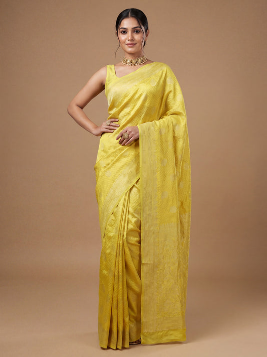 Bright Yellow Banarasi Silk Saree