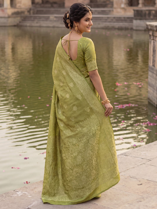 Olive Green Banarasi Silk Saree