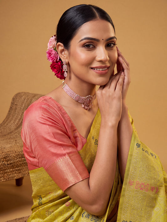 Lime Yellow Multicolor Patola Litchi Silk Saree