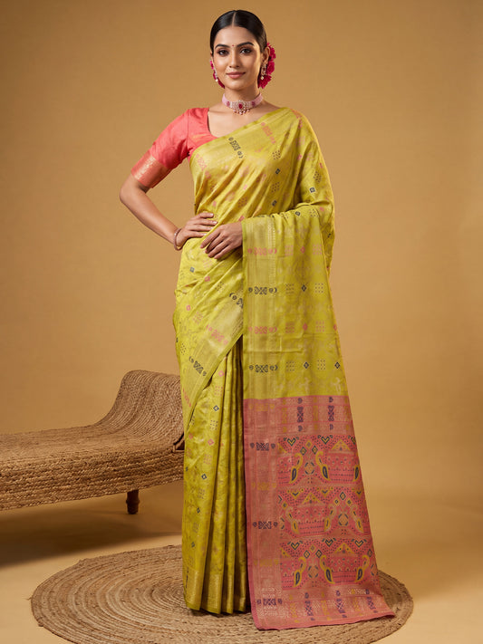 Lime Yellow Multicolor Patola Litchi Silk Saree