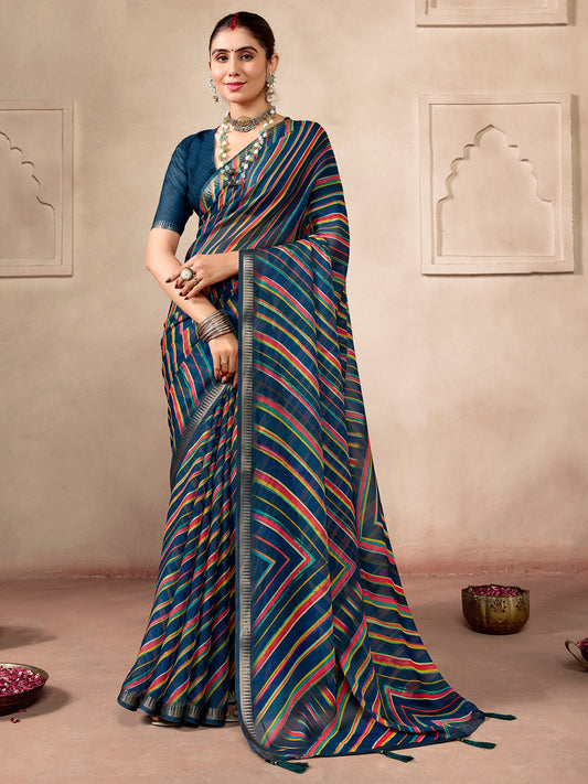 Teal Blue Striped Georgette saree