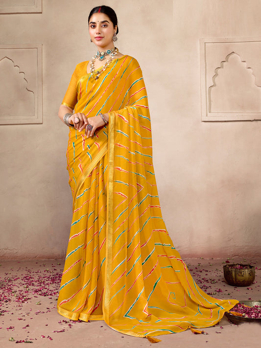 Mustard Yellow Striped Saree
