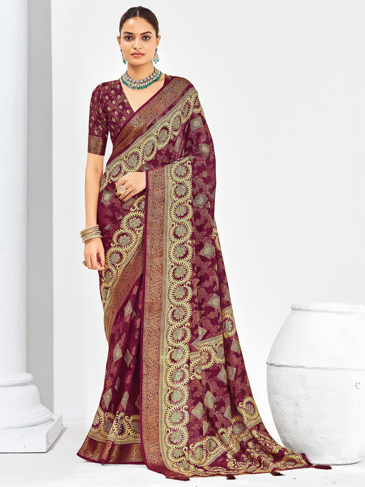 Maroon Banarasi Silk Saree with Gold Zari Weave | Bridal Collection