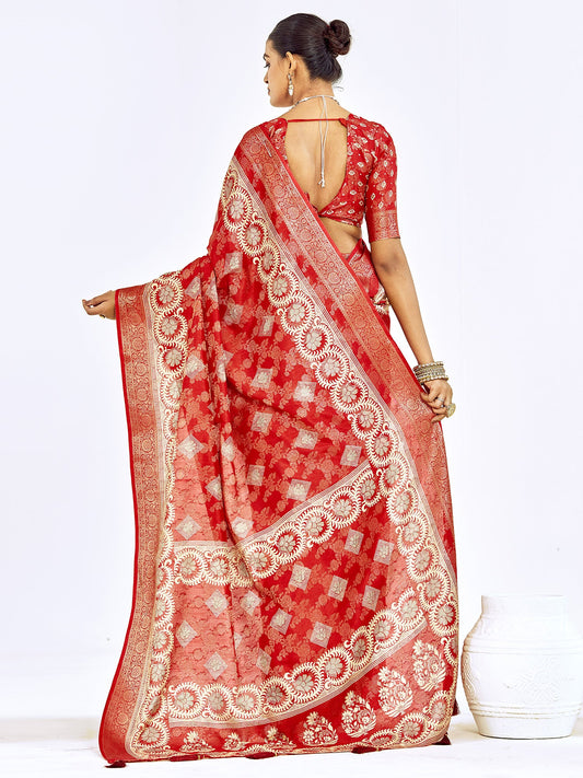 Red Banarasi Silk Saree with Gold Zari Weave