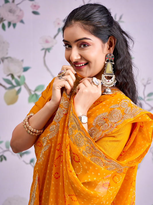 Yellow Bandhani Embroidery BorderSaree