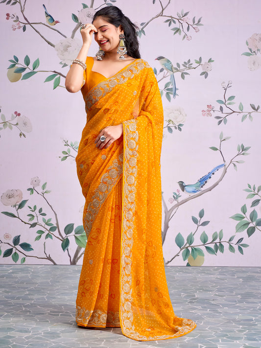 Amber Yellow Bandhani Saree