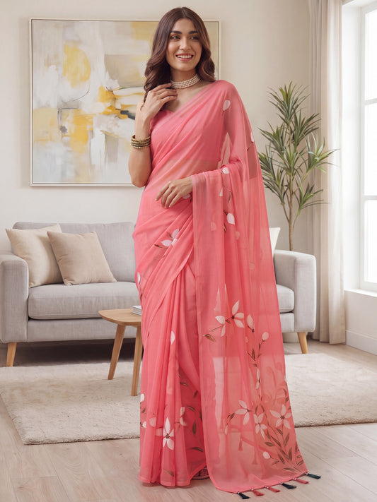 Coral Pink Chiffon Saree with Hand-Painted Lily Motifs