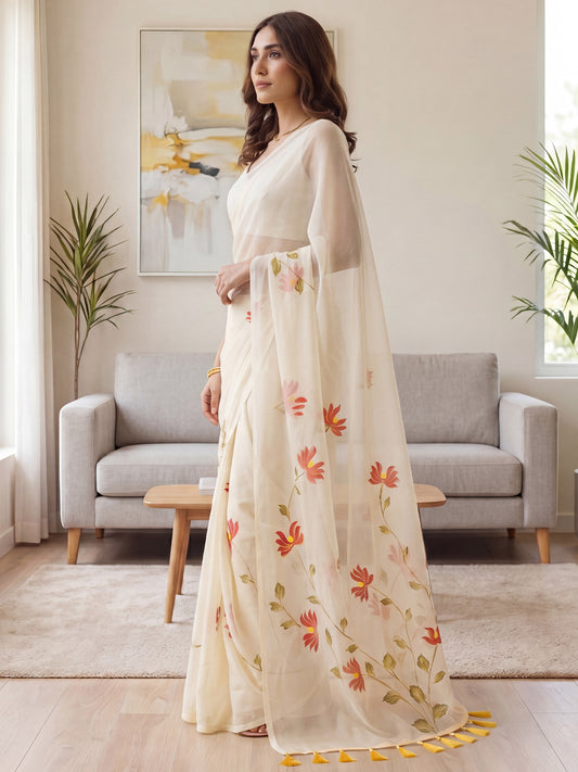 Off-White Chiffon Saree with Hand-Paint