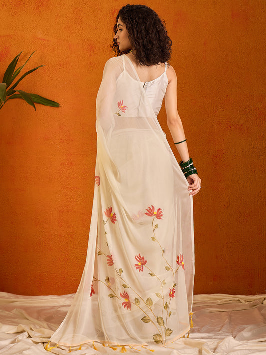 Ethereal Ivory Hand-Painted Saree