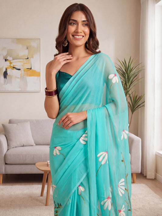 Sky Blue Organza Saree with Hand-Painted Daisy Motifs