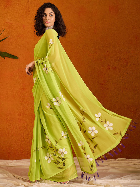 Luminous Lime Green Hand-Painted Organza Saree with Floral Motifs & Tassel Detail
