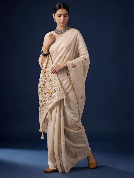 Beige Embrodered Tussar Silk Saree