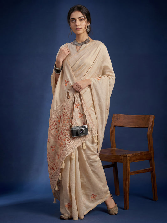 Beige Embrodered Tussar Silk Saree