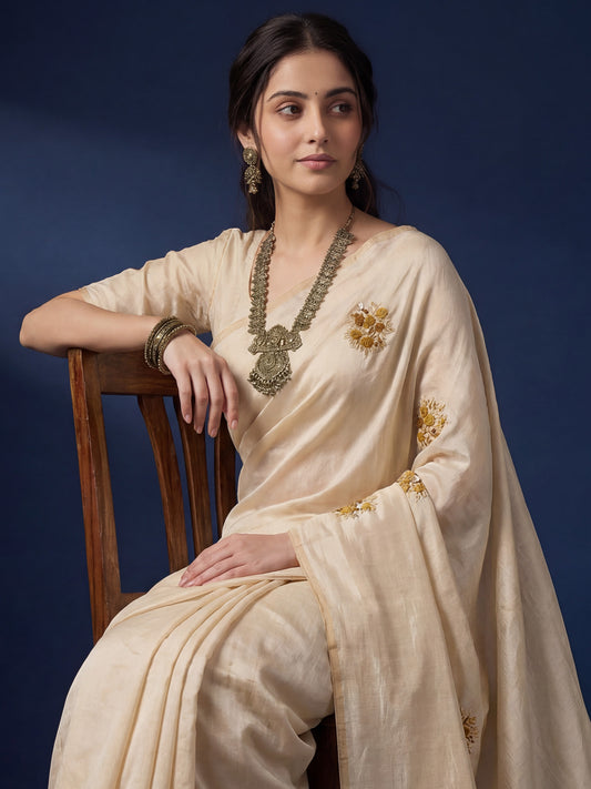 Beige embroidered Silk Saree