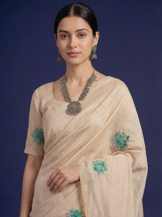 Beige Embrodered Tussar Silk Saree