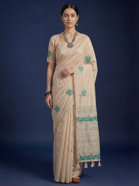 Beige Embrodered Tussar Silk Saree