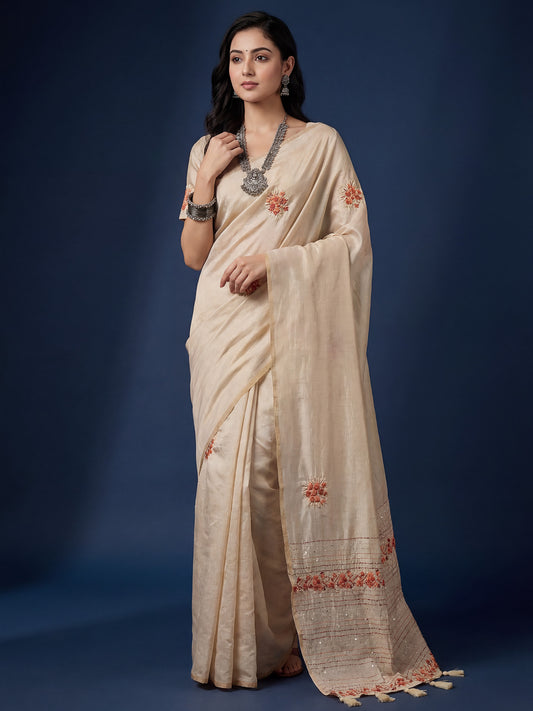 Beige Embrodered Tussar Silk Saree