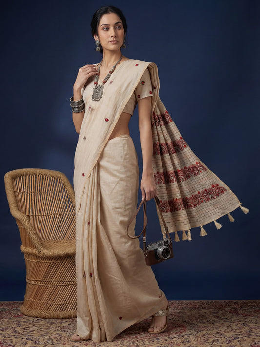 Ivory Embroidered Tussar Silk Saree