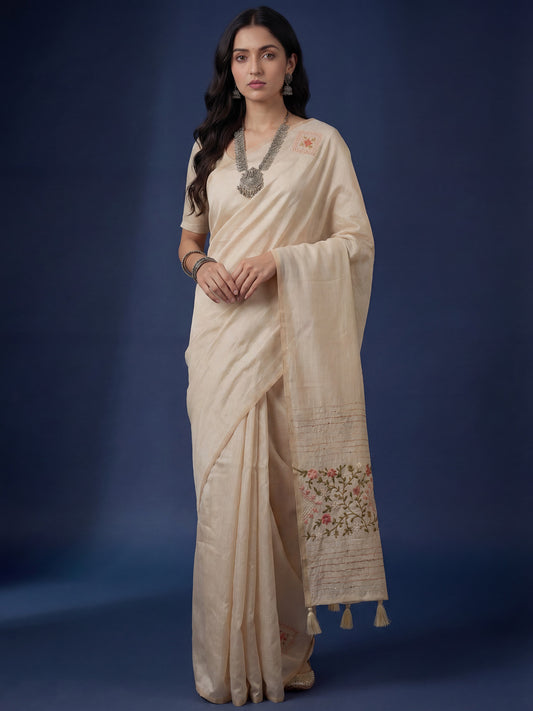 Beige Embroidered Tussar Silk Saree
