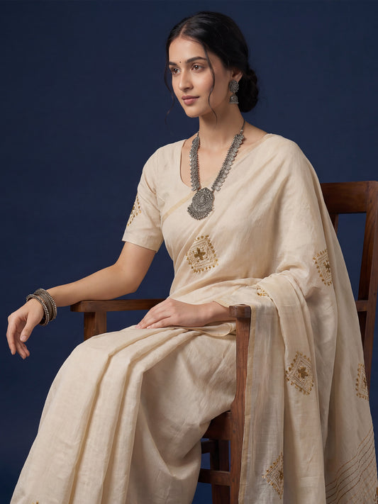 Beige Embroidered Tussar Silk Saree