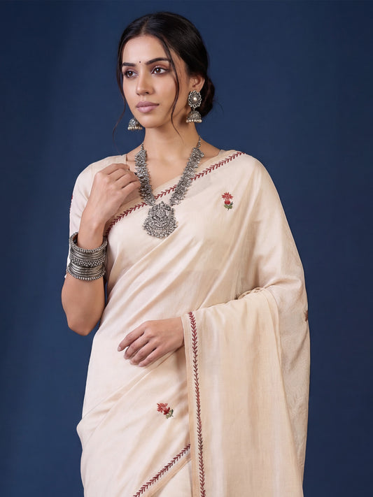 Ivory Handloom Tussar Silk Saree with Kashmiri Floral Embroidery