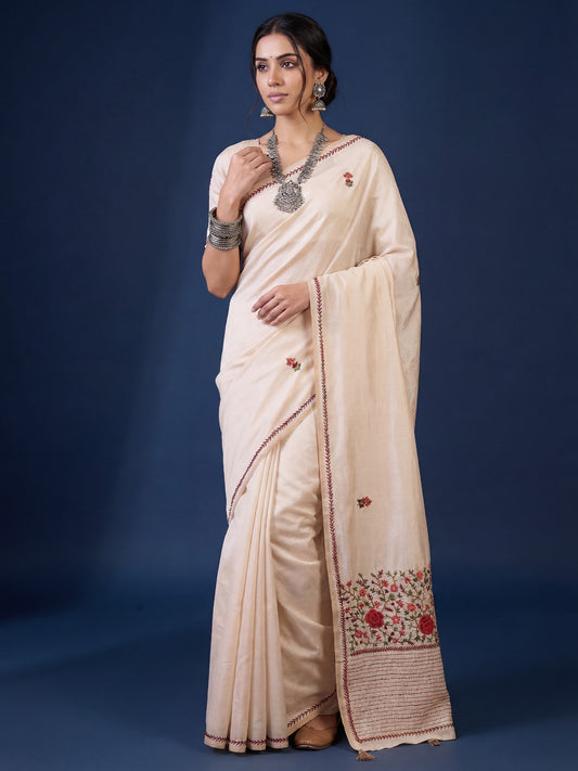Ivory Handloom Tussar Silk Saree with Kashmiri Floral Embroidery