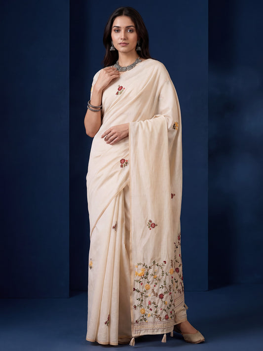 Ivory Handloom Tussar Silk Saree with Kashmiri Floral Embroidery