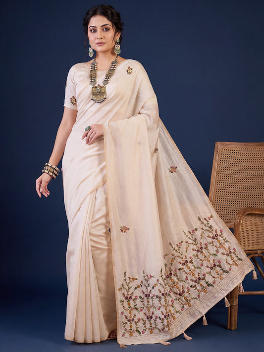 Tussar Silk Saree with Kashmiri Floral Vine Embroidery