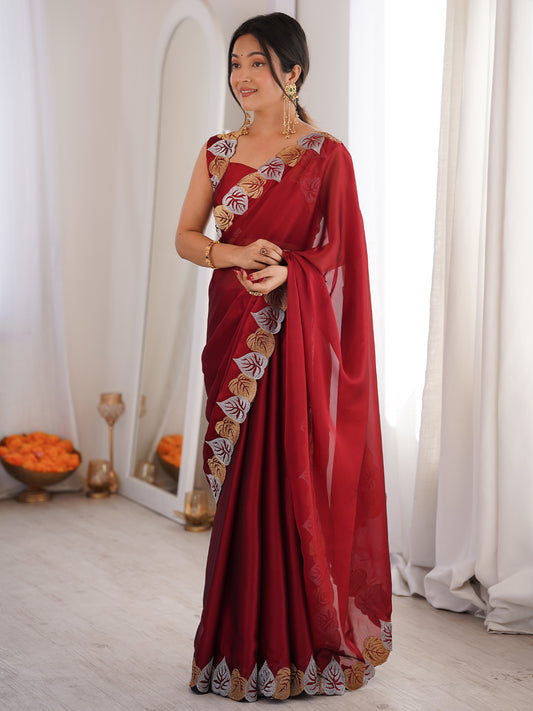 Maroon Georgette Embroidered Designer Saree