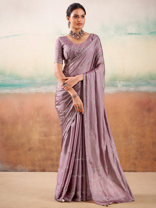 Mauve Silk Embroidered Saree with Blouse