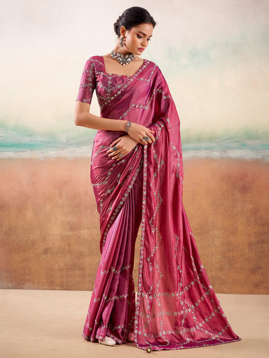 Rose Pink Embroidered Silk Saree with Stitched Blouse