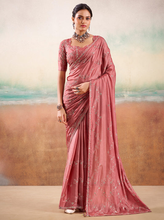 Pink Embroidered Silk Saree with Stitched Blouse