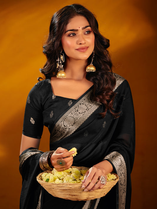 Black Dola Silk Saree with Zari Border