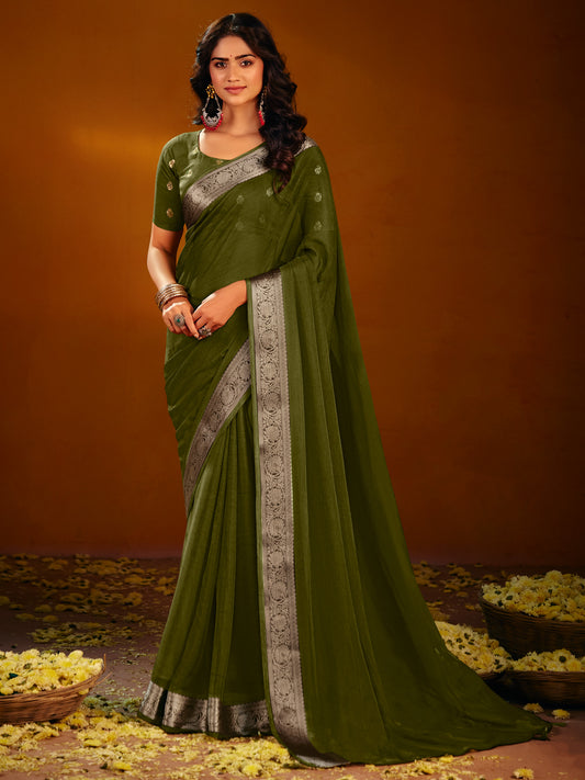 Olive Green Dola Silk Saree with Zari Border
