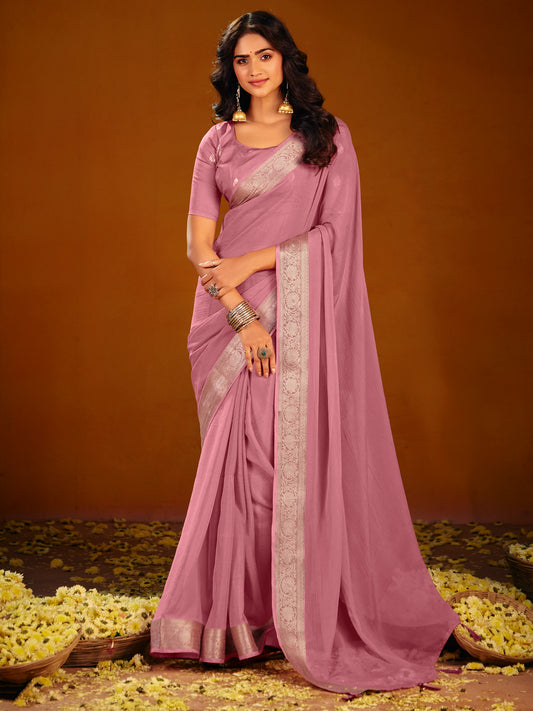 Pink Silk Saree with Zari Border