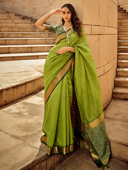 Lime Green Silk Blend Bandhani Saree