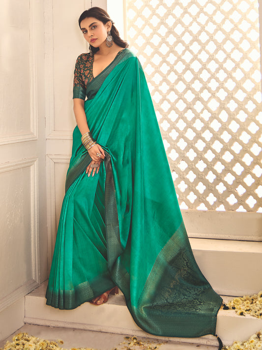 Rama Green Silk Blend Heritage Banarasi Style Saree