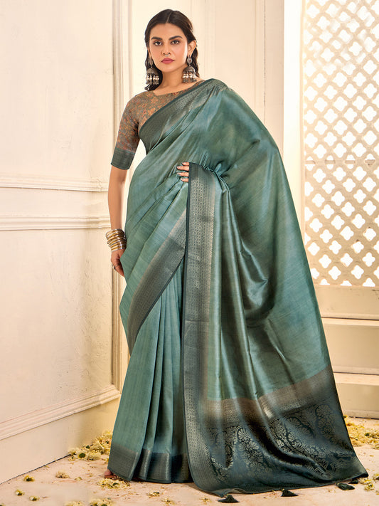Teal Blue Solid Zari Weaving Silk Blend Saree
