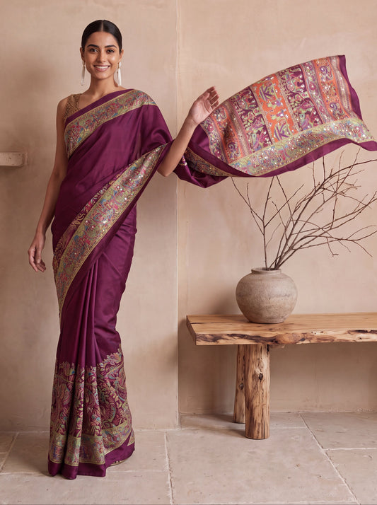 Wine Kalamkari Print Mirror Saree