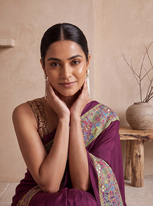 Wine Kalamkari Print Mirror Saree