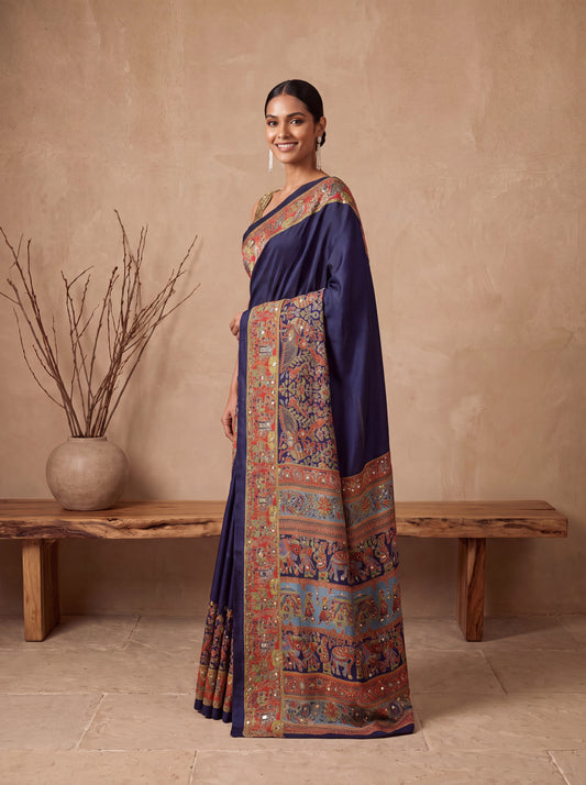 Navy Kalamkari Print Mirror Saree