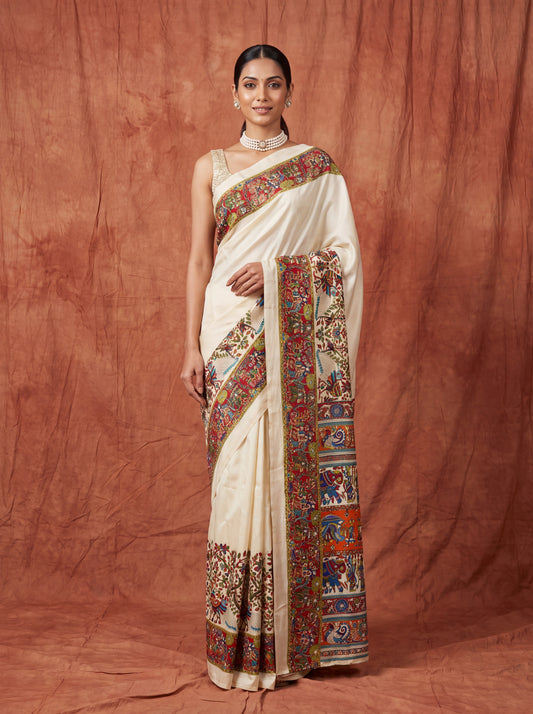 Ivory Kalamkari Print Satin Saree