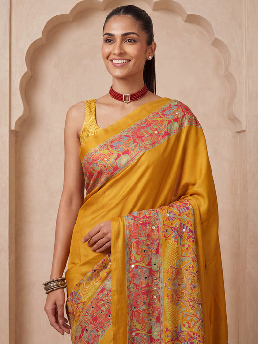 Mustard Kalamkari Print Mirror Saree