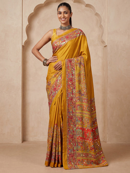 Mustard Yellow Kalamkari Print & Mirror Work Satin Saree