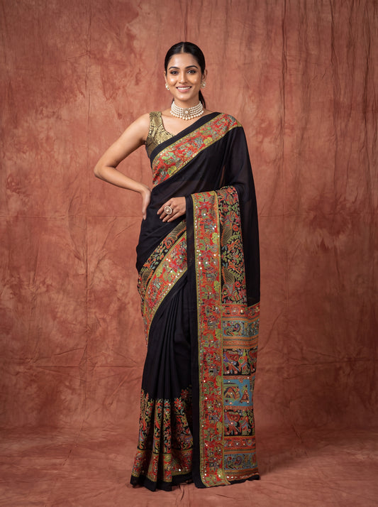 Black Kalamkari Print Mirror Saree
