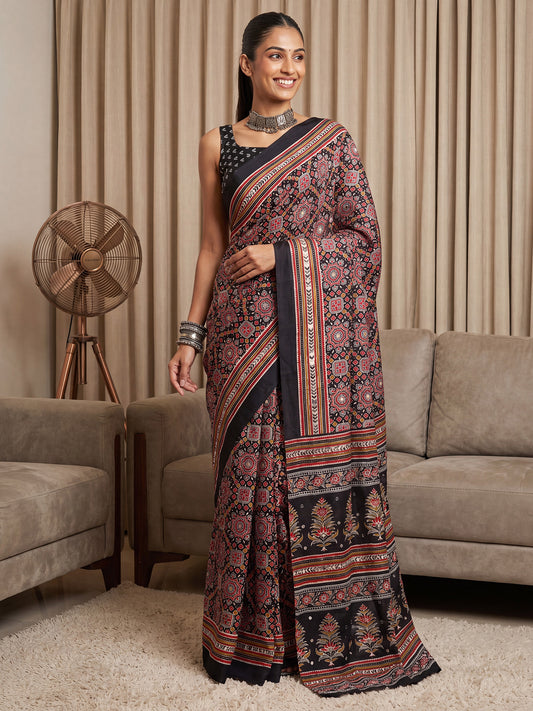 Black Ajrakh & Bandhani Print & Mirror Work Satin Saree