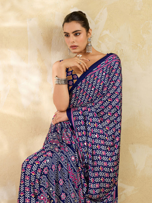 Navy Blue Ajrakh Print Mirror Saree